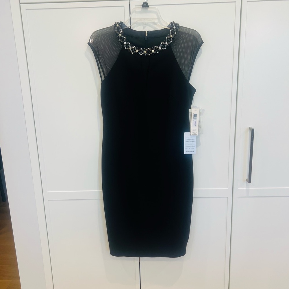 Eliza J Black Embellished Sheath Midi Dress with Mesh Cap Sleeves